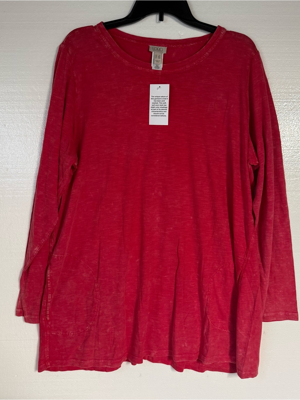 LOGO by Lori Goldstein Women’s 2X Red Mineral Wash Cotton Long Sleeve Tunic Top